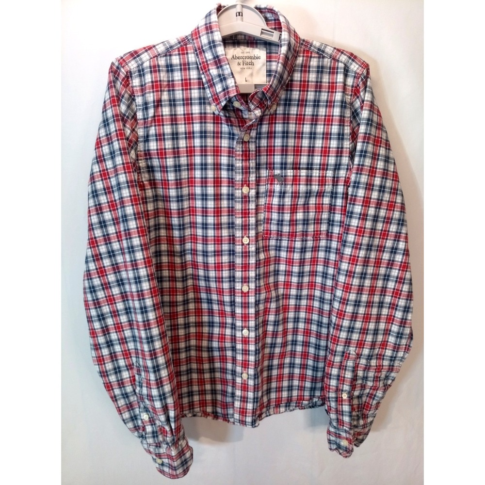 Abercrombie & Fitch Muscle Fit Men's Long Sleeve Shirt, Large, Red Blue Plaid